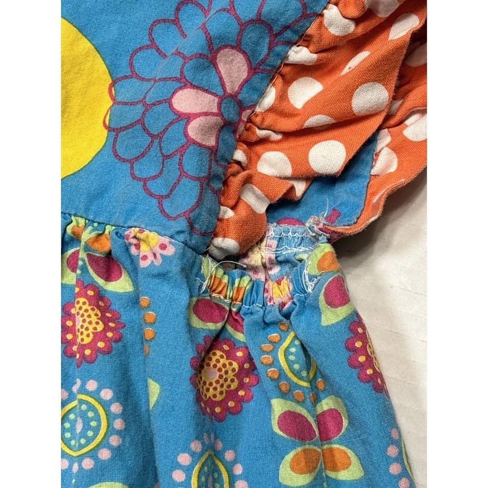 Girls Size‎ 4 Colorful Floral Patchwork Dress Ruffle Sleeves Retro Style Cotton